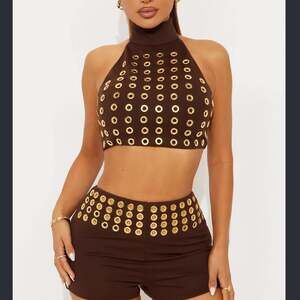 Fashion Nova Brown Crop-top grommet and Micro Shorts Large
